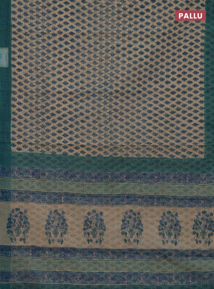 Kota doria saree beige and teal green shade with allover block prints and printed border
