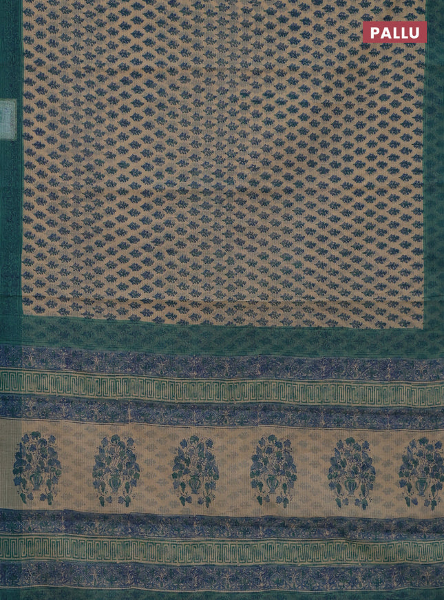 Kota doria saree beige and teal green shade with allover block prints and printed border