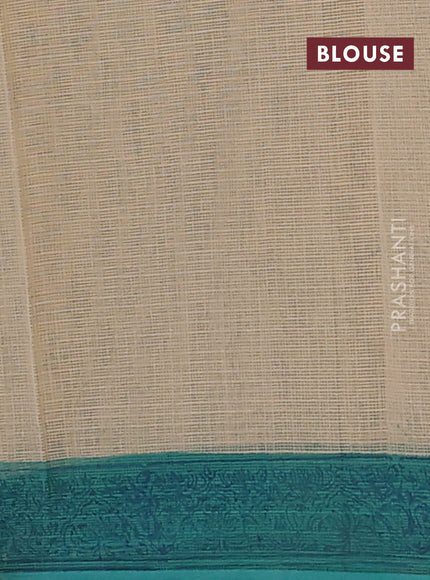Kota doria saree beige and teal green shade with allover block prints and printed border