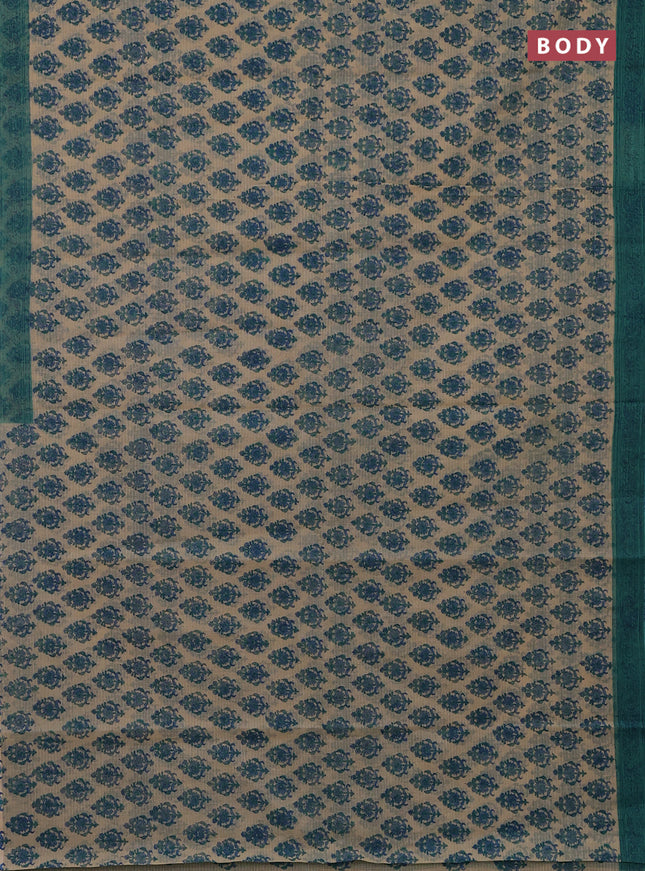 Kota doria saree beige and teal blue with allover block prints and printed border