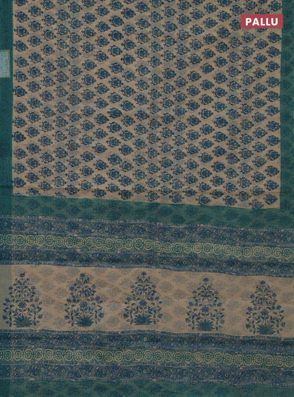 Kota doria saree beige and teal blue with allover block prints and printed border