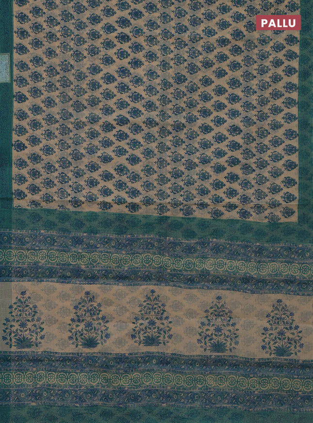 Kota doria saree beige and teal blue with allover block prints and printed border