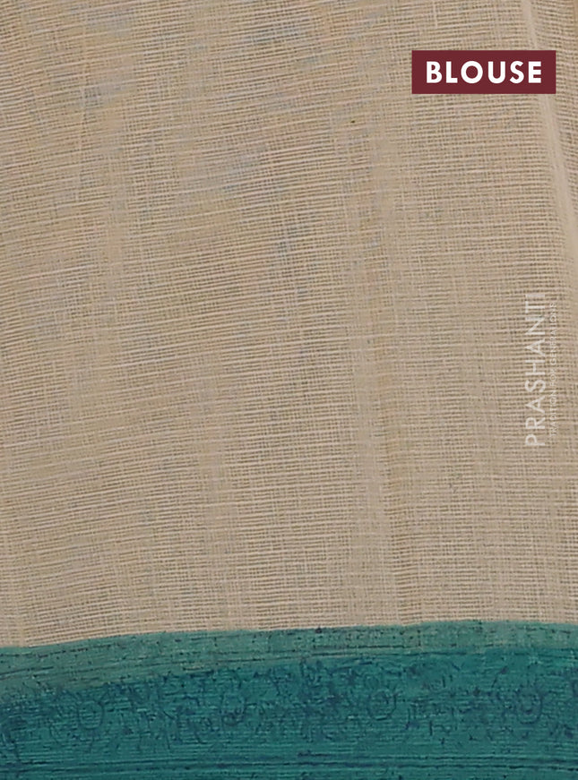 Kota doria saree beige and teal blue with allover block prints and printed border