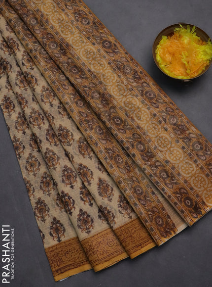 Kota doria saree beige and dark mustard with allover block prints and printed border