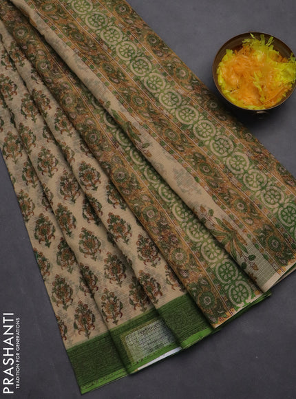 Kota doria saree beige and green with allover block prints and printed border