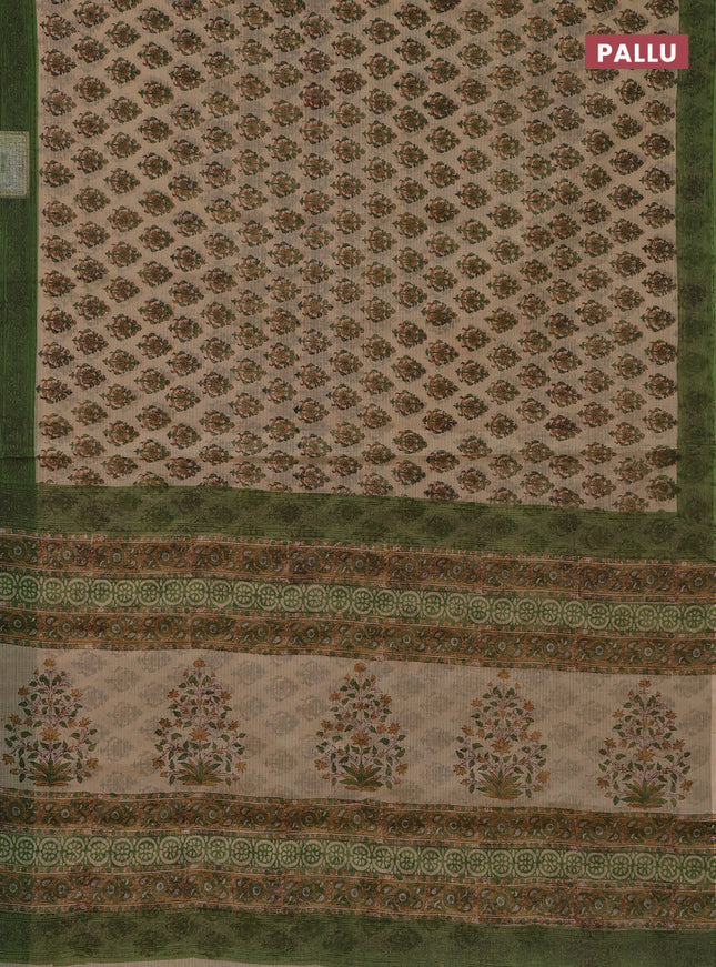 Kota doria saree beige and green with allover block prints and printed border