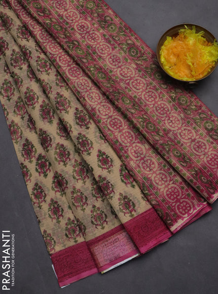 Kota doria saree beige and pink with allover block prints and printed border
