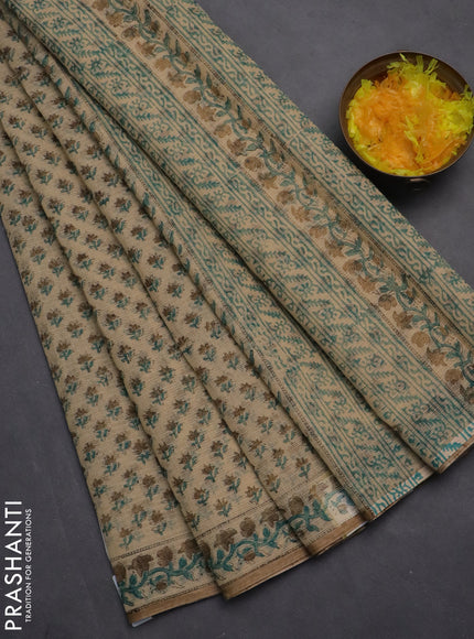 Kota doria saree beige teal green and dark sandal with allover block prints and printed border