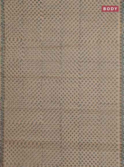 Kota doria saree beige teal green and dark sandal with allover block prints and printed border