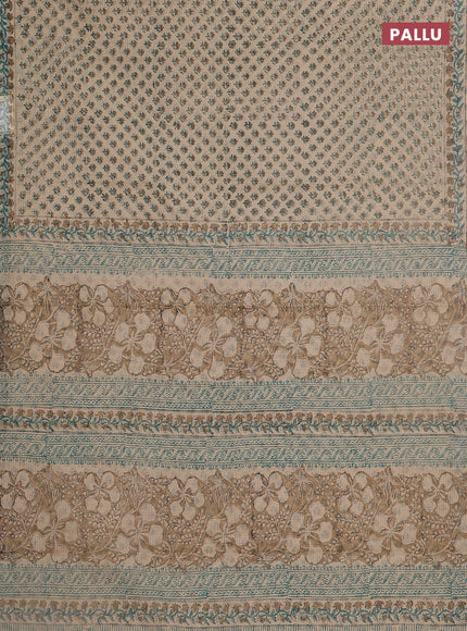 Kota doria saree beige teal green and dark sandal with allover block prints and printed border