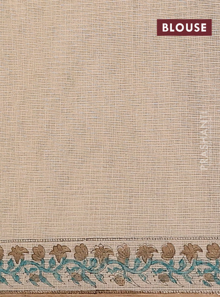 Kota doria saree beige teal green and dark sandal with allover block prints and printed border