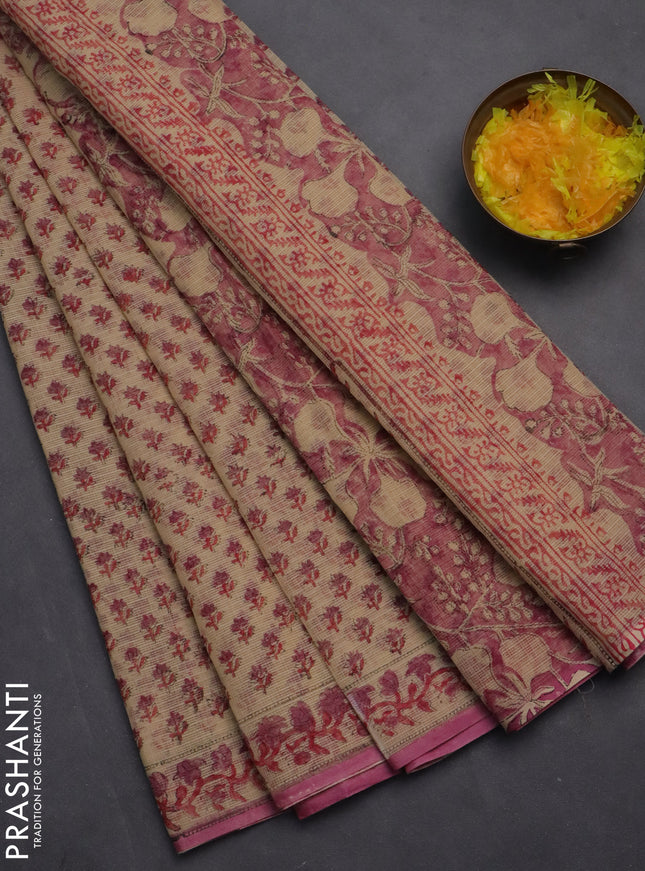 Kota doria saree beige red and pink with allover block prints and printed border