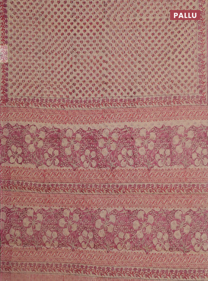 Kota doria saree beige red and pink with allover block prints and printed border
