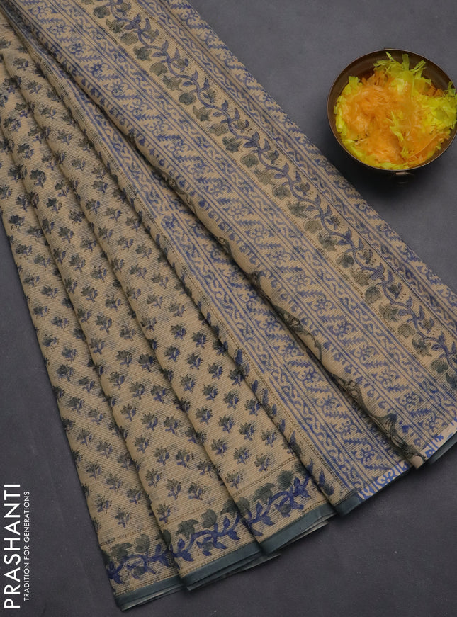 Kota doria saree beige blue and grey with allover block prints and printed border