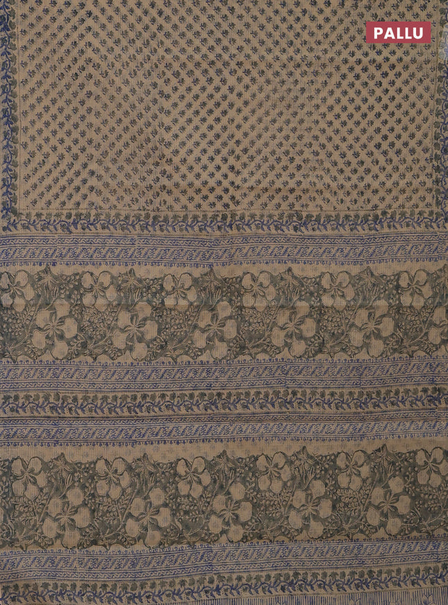 Kota doria saree beige blue and grey with allover block prints and printed border