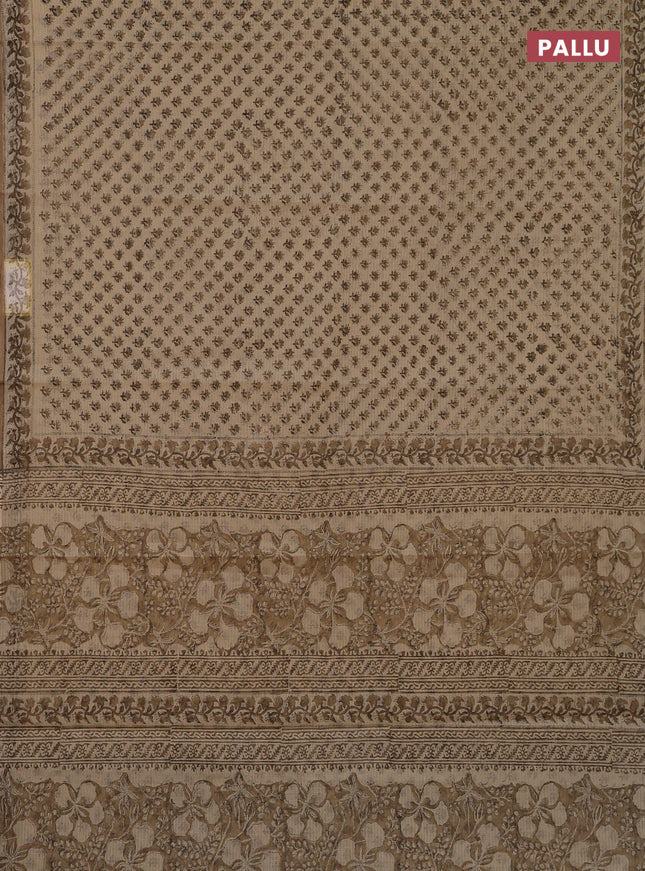 Kota doria saree beige and pastel brown with allover block prints and printed border