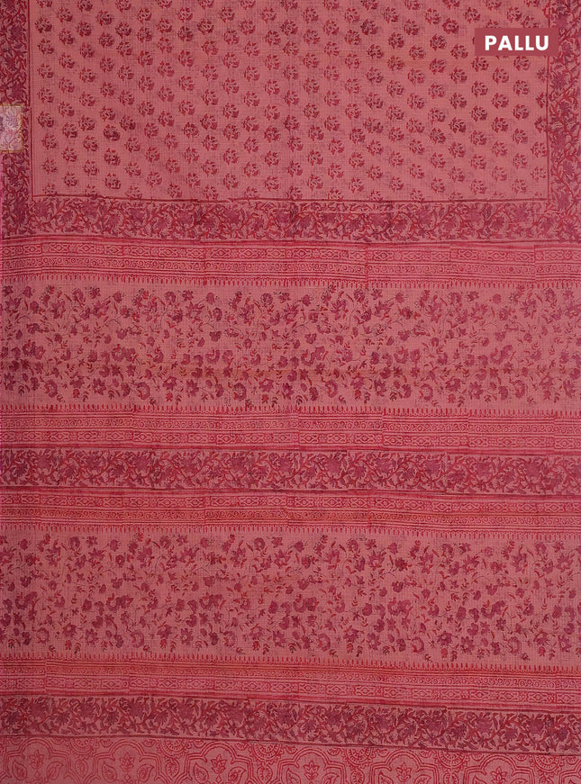 Kota doria saree dual shade of peach pink and pink with allover block prints and printed border