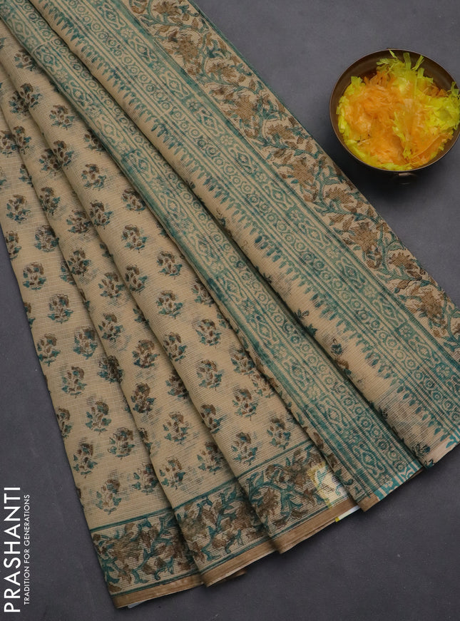 Kota doria saree beige green and dark sandal with allover block prints and printed border
