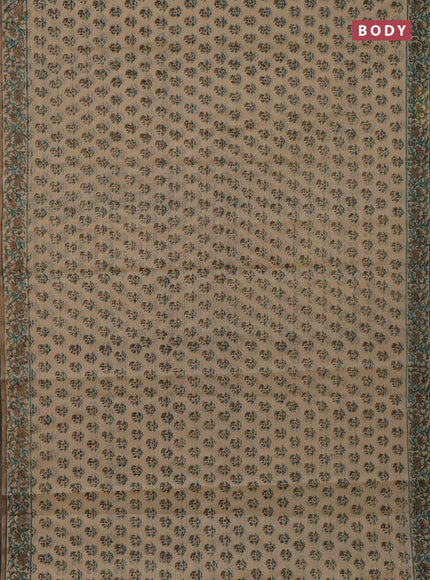 Kota doria saree beige green and dark sandal with allover block prints and printed border