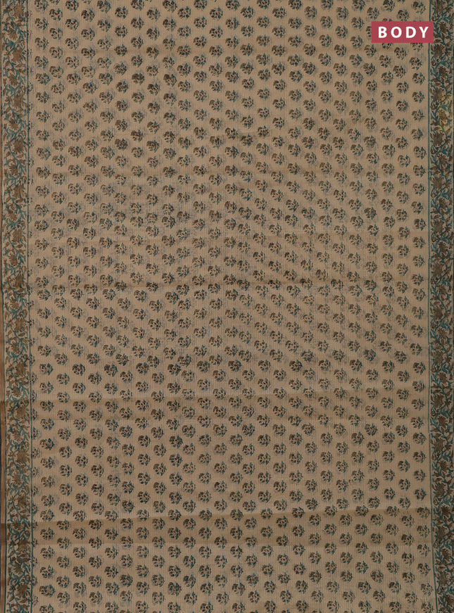 Kota doria saree beige green and dark sandal with allover block prints and printed border