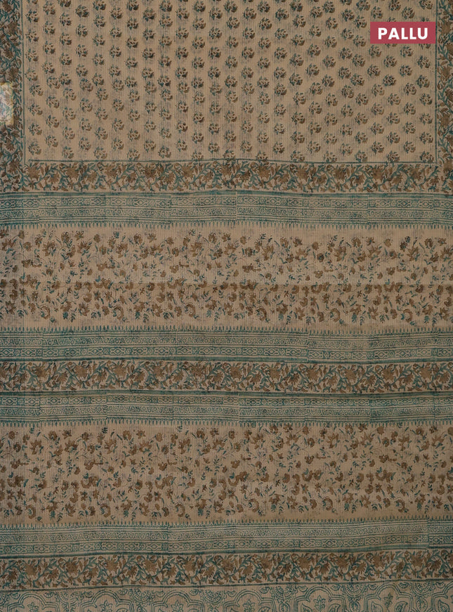 Kota doria saree beige green and dark sandal with allover block prints and printed border