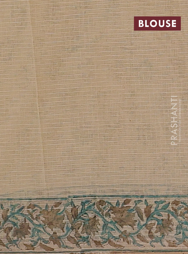 Kota doria saree beige green and dark sandal with allover block prints and printed border