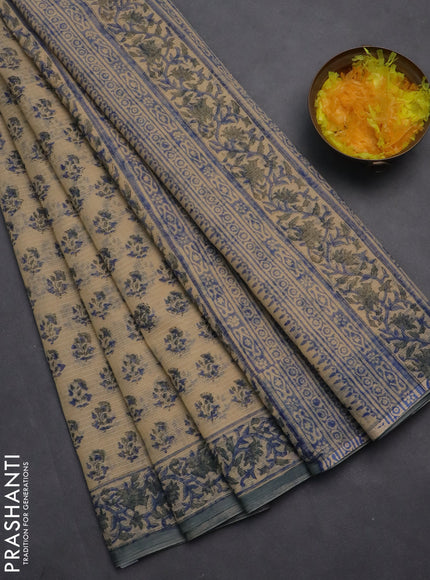 Kota doria saree beige and grey with allover block prints and printed border