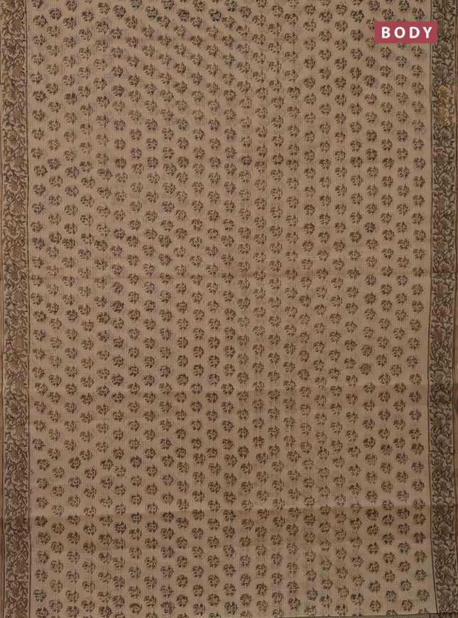 Kota doria saree beige and dark sandal with allover block prints and printed border