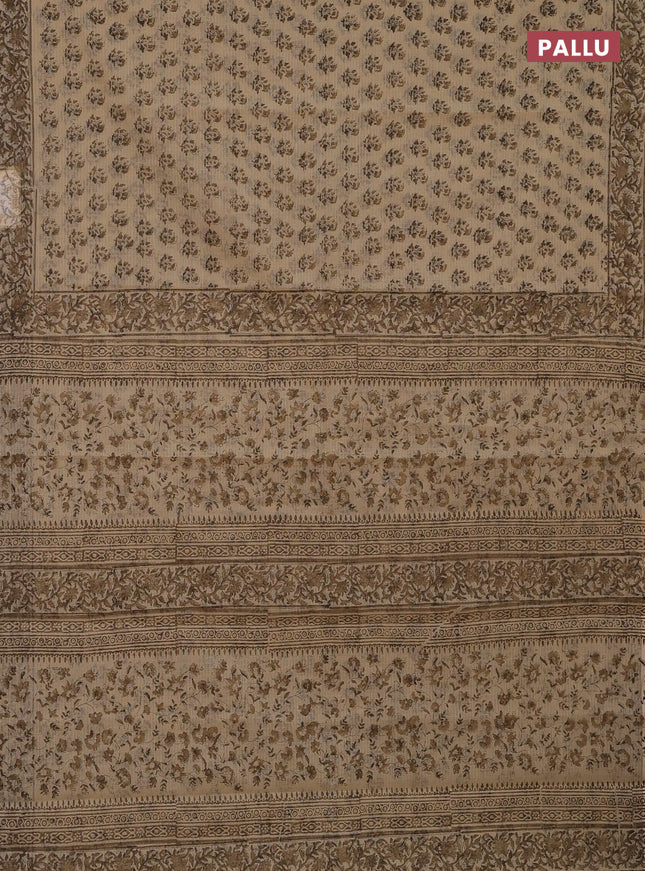 Kota doria saree beige and dark sandal with allover block prints and printed border