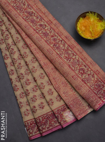 Kota doria saree beige and pink with allover block prints and printed border