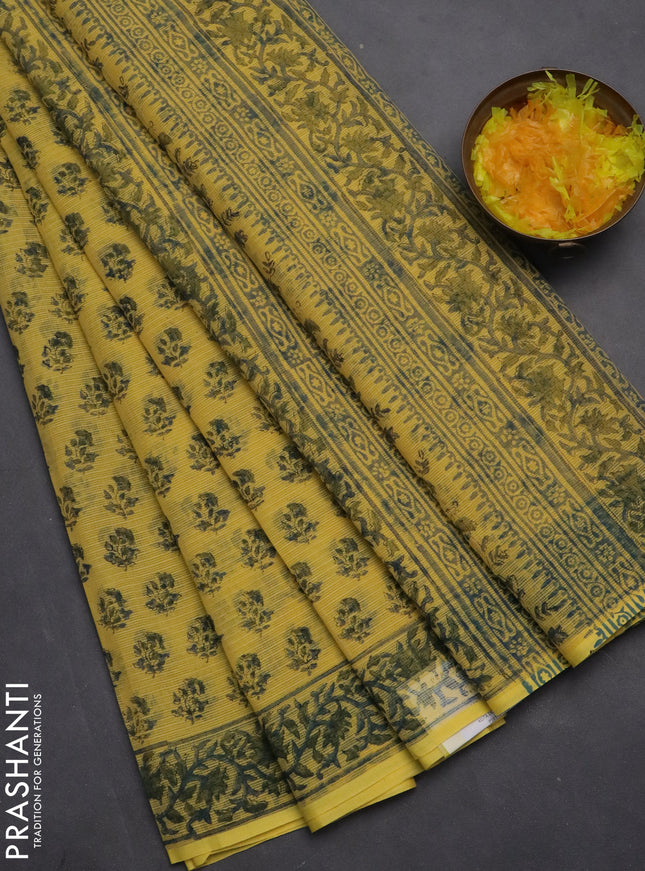 Kota doria saree yellow and bluish grey with allover block prints and printed border