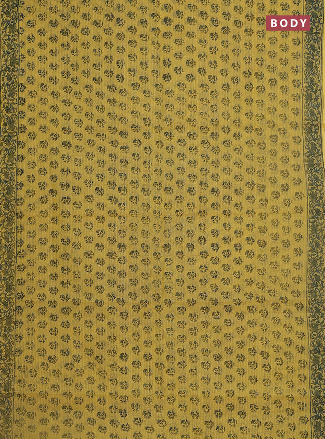 Kota doria saree yellow and bluish grey with allover block prints and printed border
