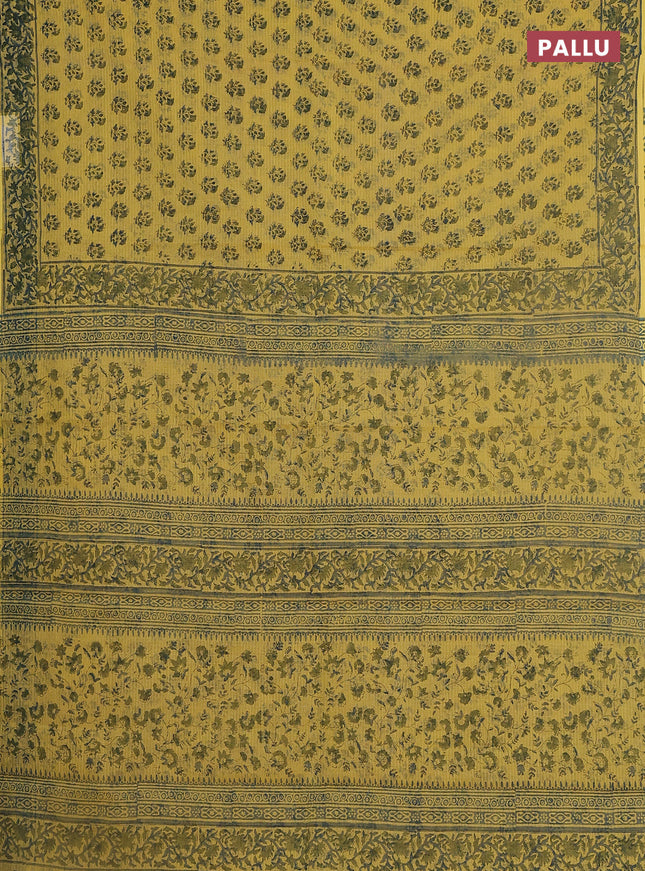 Kota doria saree yellow and bluish grey with allover block prints and printed border