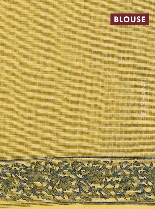 Kota doria saree yellow and bluish grey with allover block prints and printed border