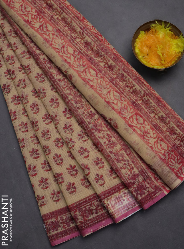 Kota doria saree beige and pink with allover block prints and printed border