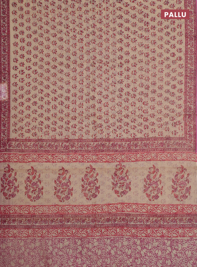 Kota doria saree beige and pink with allover block prints and printed border