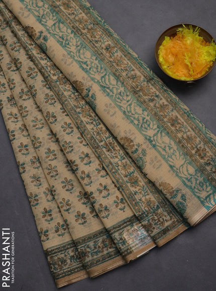 Kota doria saree beige and teal green sandal with allover block prints and printed border