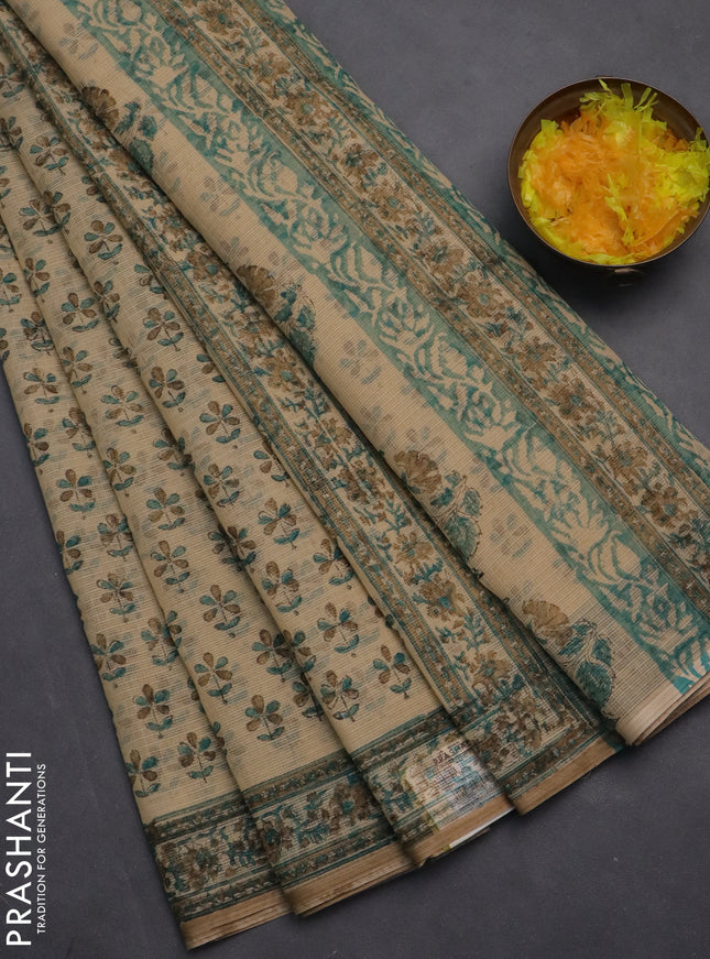Kota doria saree beige and teal green sandal with allover block prints and printed border
