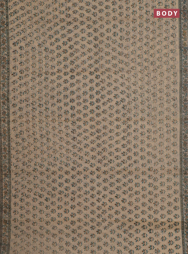 Kota doria saree beige and teal green sandal with allover block prints and printed border