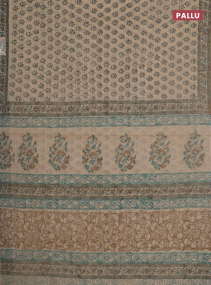 Kota doria saree beige and teal green sandal with allover block prints and printed border