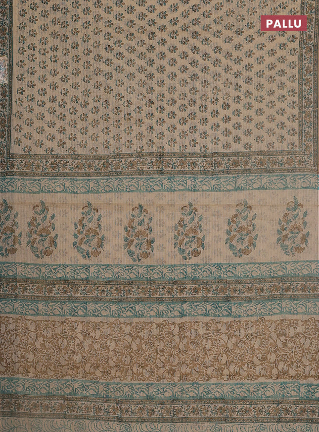 Kota doria saree beige and teal green sandal with allover block prints and printed border