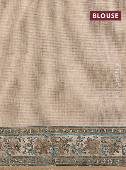 Kota doria saree beige and teal green sandal with allover block prints and printed border