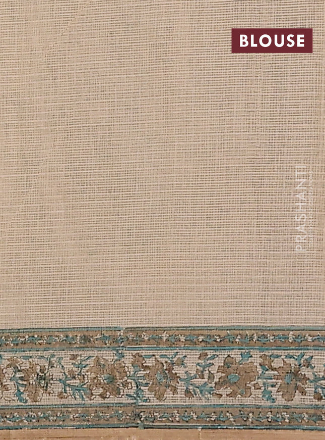 Kota doria saree beige and teal green sandal with allover block prints and printed border