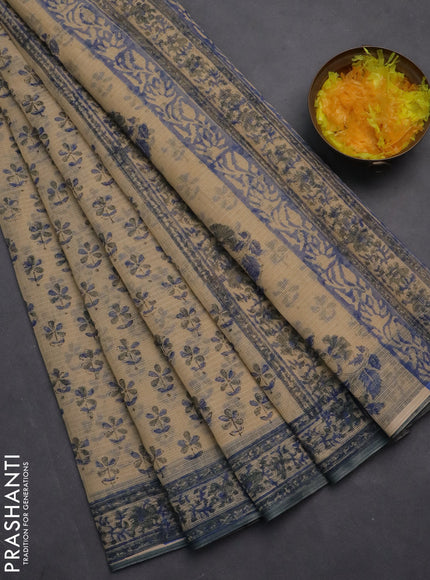 Kota doria saree beige and bluish grey with allover block prints and printed border