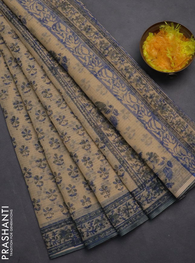 Kota doria saree beige and bluish grey with allover block prints and printed border