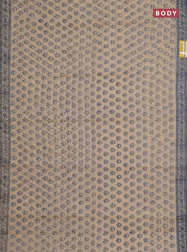 Kota doria saree beige and bluish grey with allover block prints and printed border