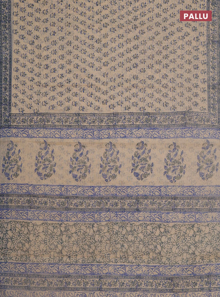 Kota doria saree beige and bluish grey with allover block prints and printed border