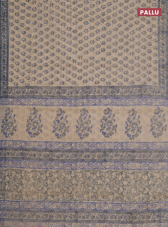 Kota doria saree beige and bluish grey with allover block prints and printed border