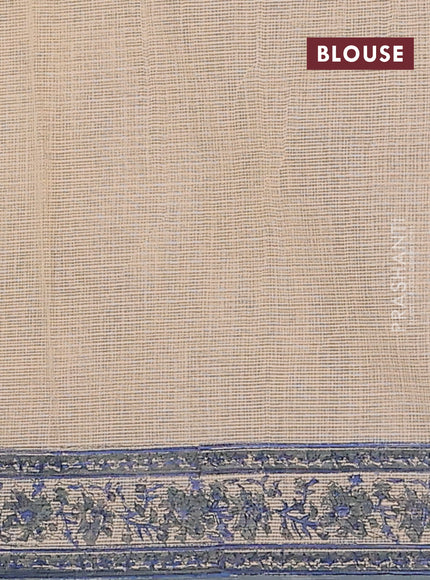 Kota doria saree beige and bluish grey with allover block prints and printed border