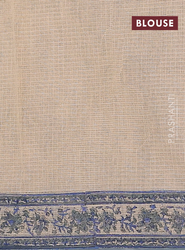 Kota doria saree beige and bluish grey with allover block prints and printed border